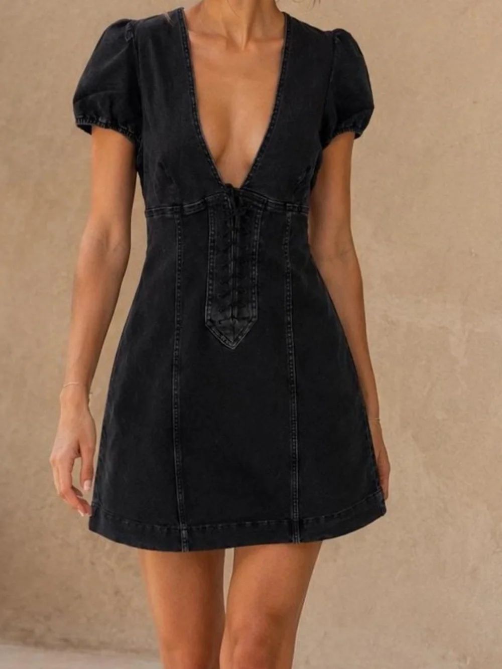 Free People Something Sweet Mini Black Denim Dress Women’s 8